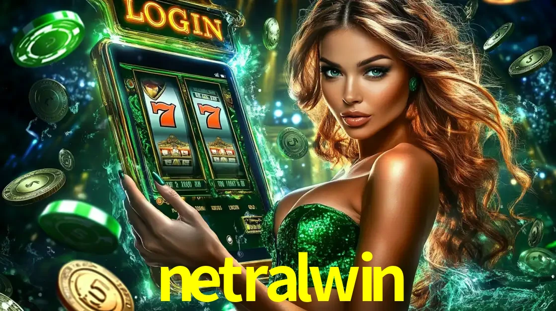 Mulher com tema verde apresentando o aplicativo do cassino netralwin com um jogo de slot de 777, cercada por fichas de cassino e uma aura de sorte.