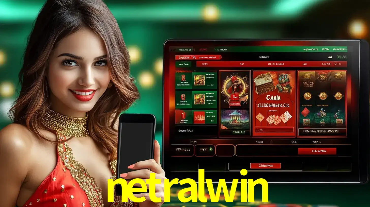 Mulher sorridente segurando um smartphone, ao lado de uma tela exibindo o lobby de jogos do cassino online netralwin, com várias opções de jogos de cartas e slots.